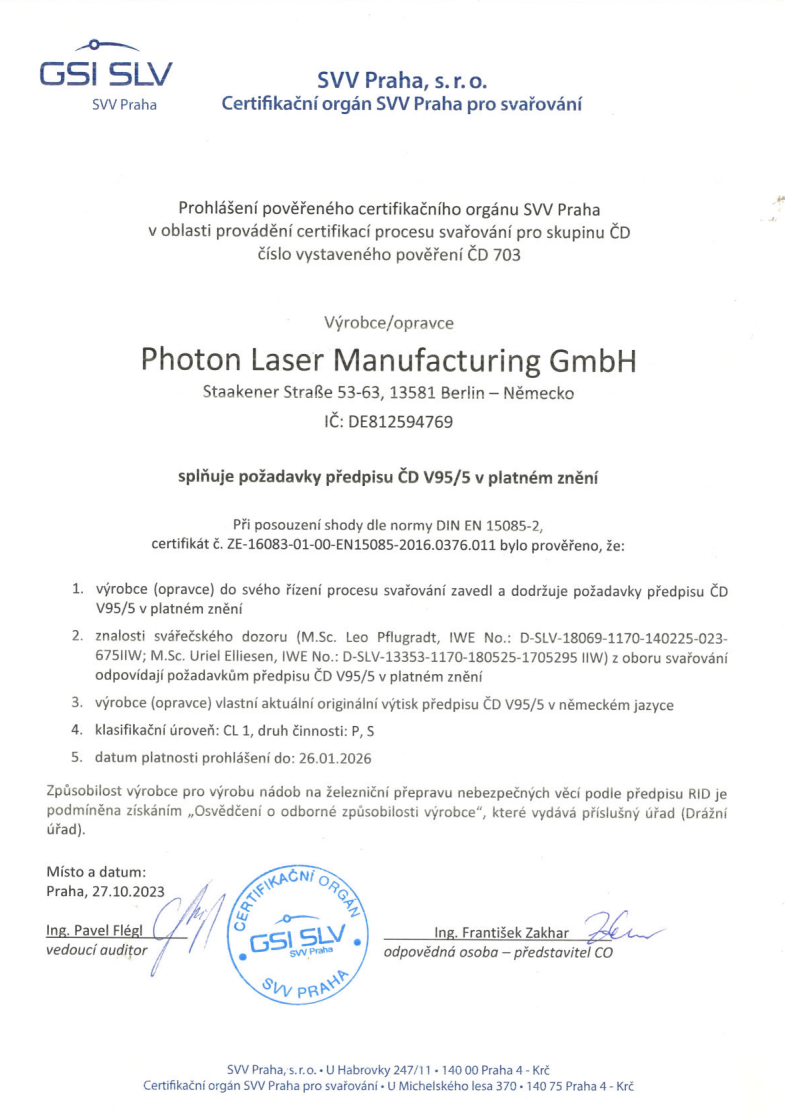 Zertifikat SVV Praha für Photon