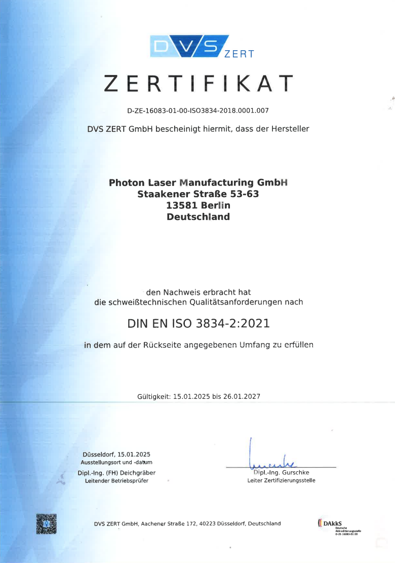 DVS-Zertifität für Photon Meissener Technologies GmbH, Nachweis schweißtechnische Qualitätsanforderungen, DIN EN ISO 3834-2:2021