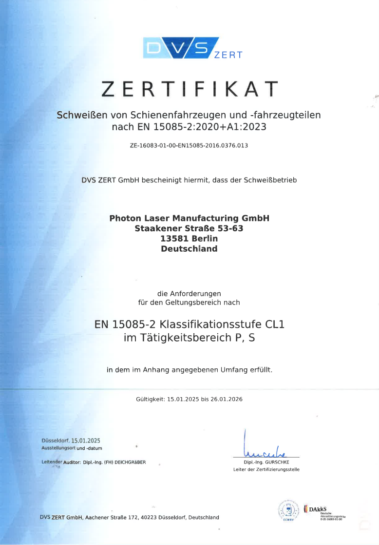 DVS-Zertifität für Photon Meissener Technologies GmbH, Schweißen Schienenfahrzeugen und -fahrzeugteilen, Nachweis Anforderungen EN 15085-2 Klassifikationsstufe CL1, Tätigkeitsbereich P, S