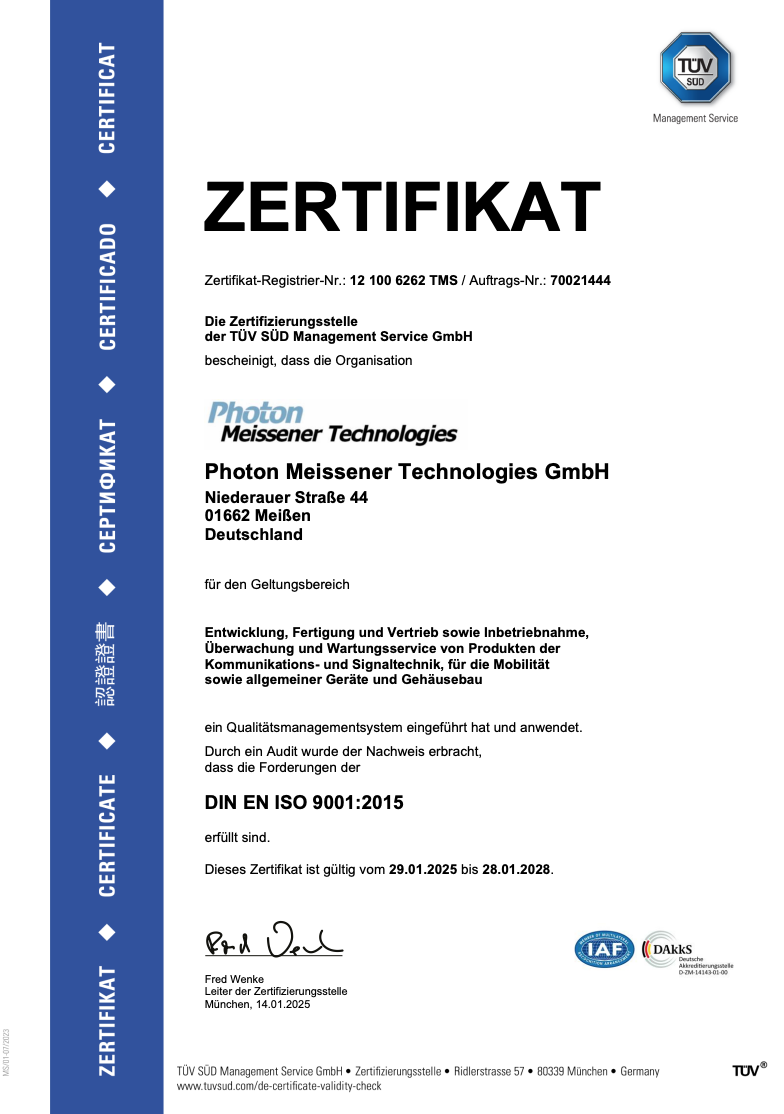 TÜV-Zertifikat für Photon Meissener Technologies GmbH, Einführung Qualitätsmangementsystem