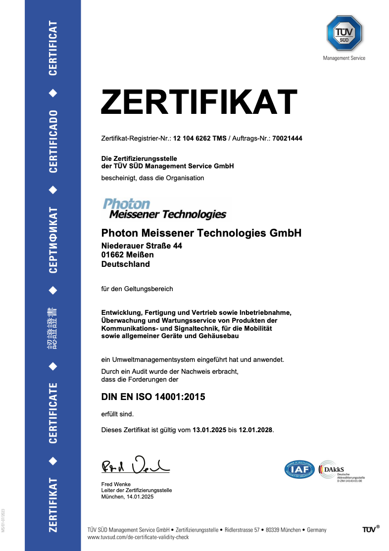 TÜV-Zertifikat für Photon Meissener Technologies GmbH, Einführung Umweltmanagementsystem