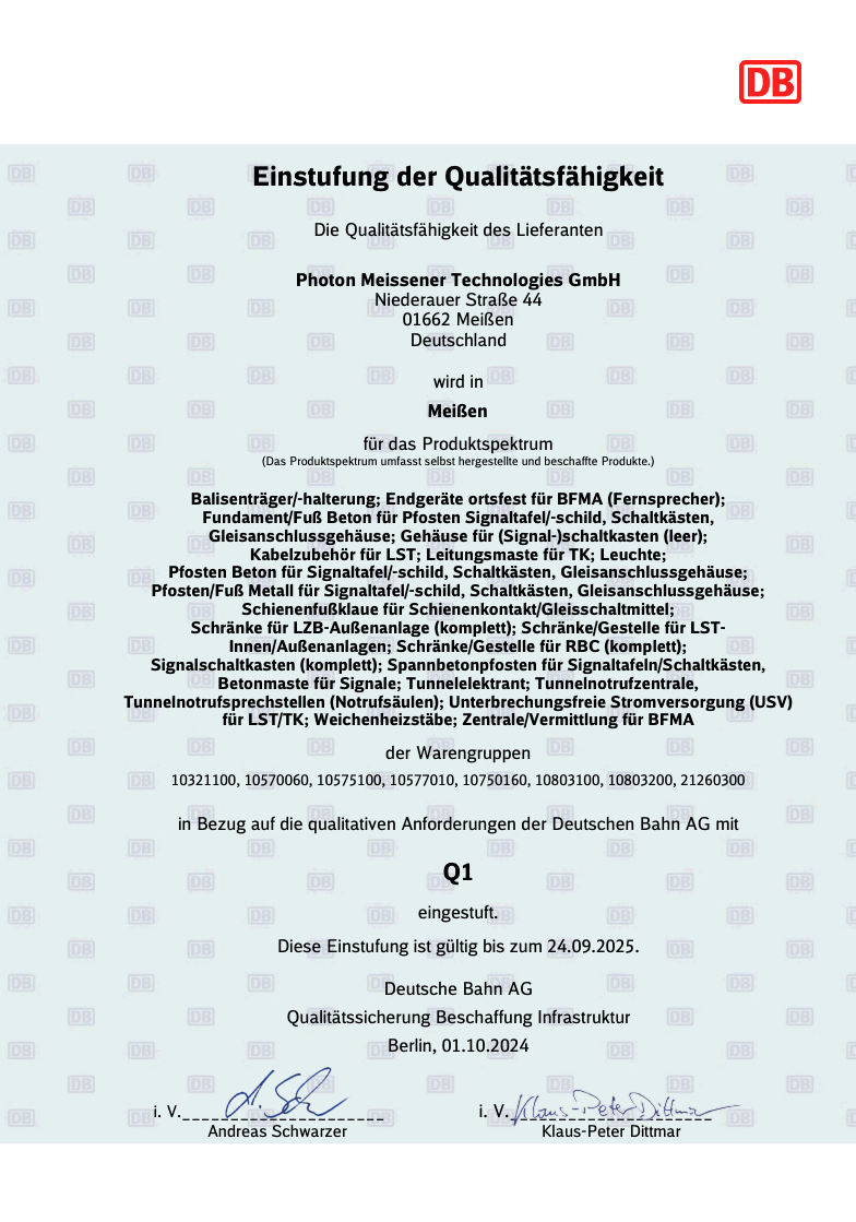Deutsche Bahn Lieferantenbewertung, Einstufung Qualitätsfähigkeit Photon, Einstufung Q1