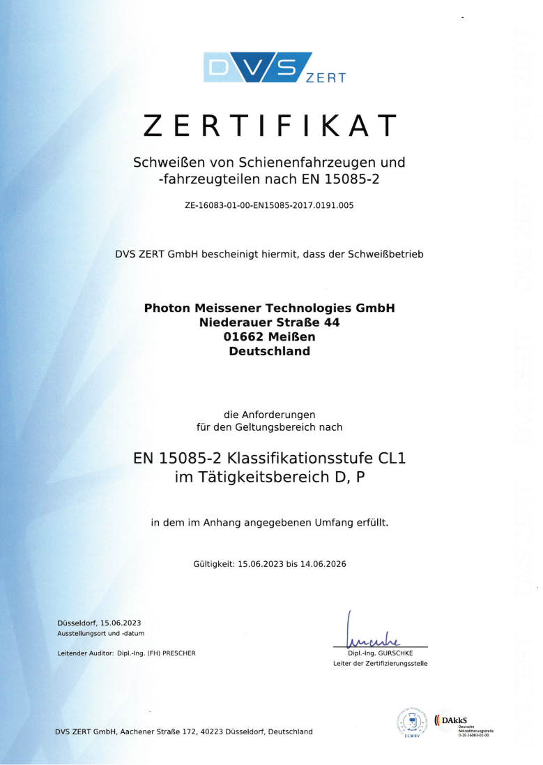 DVS-Zertifikat für Photon Meissener Technologies GmbH, Schweißen Schienenfahrzeugen und -fahrzeugteilen