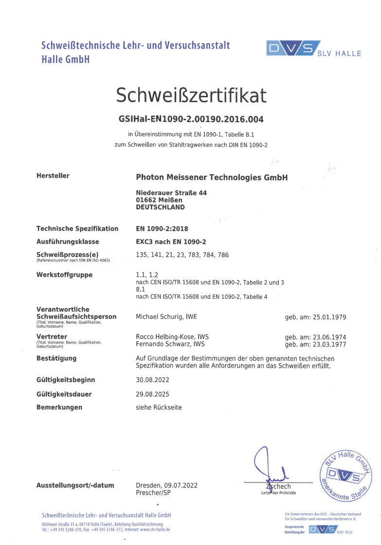 DVS-Schweißertifikat der SLV-Halle für Photon Meissener Technologies GmbH
