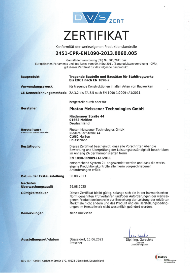 DVS-Zertifikat für Konformität werkseigener Produktionskontrolle der Photon Meissener Technologies GmbH