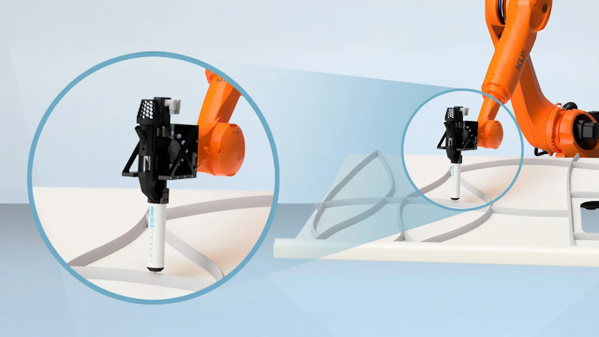 Lichtbogenspritze auf Roboterarm für 3D-Druck, Detailansicht der Lichtbogenspritze