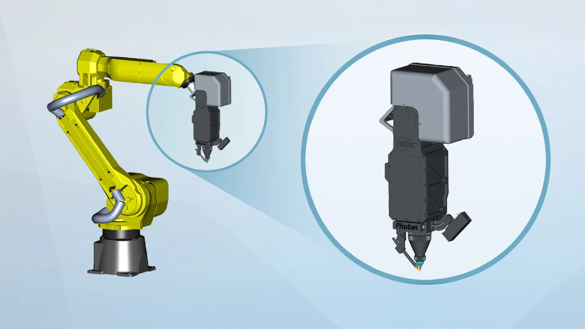Photon Direktdiodenlasermodule auf Roboterarm und Detailansicht Lasermodul