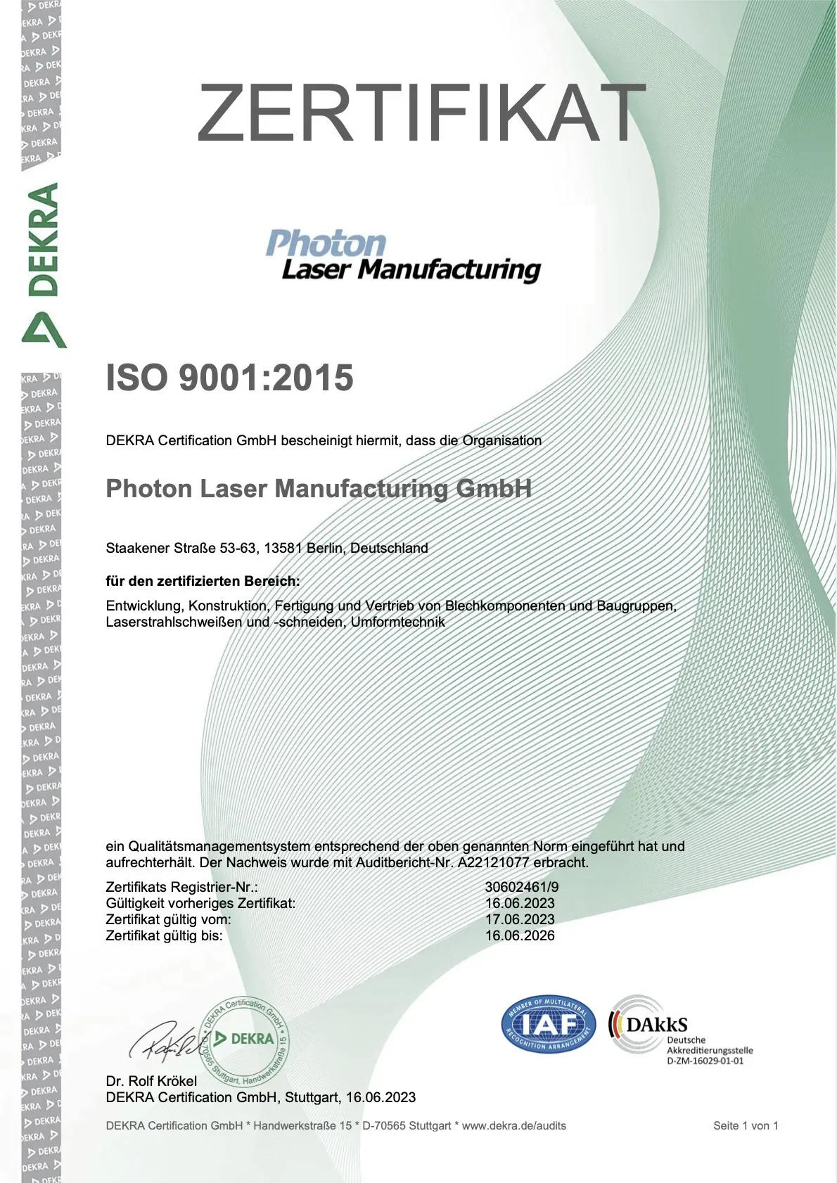 DEKRA Zertifikat für Photon, ISO 9001:2015