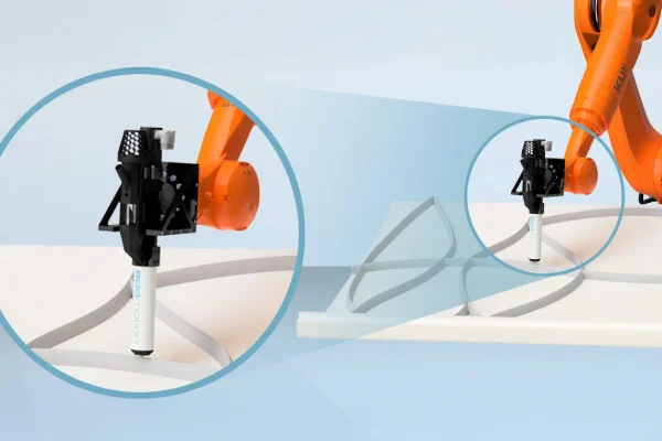 Arc sprayer on robot arm for 3D printing, detailed view of the arc sprayer