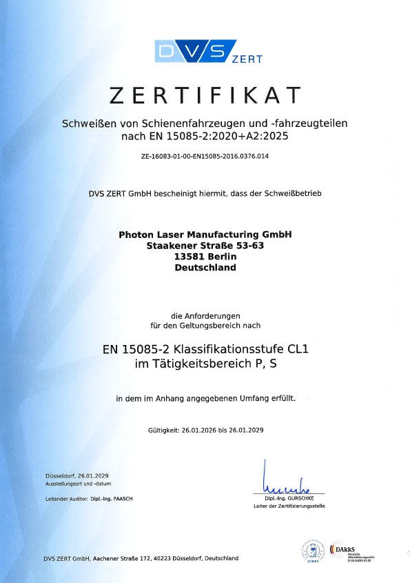 Zertifikat Schweißen von Schienenfahrzeugen und - fahrzeugteilen nach EN 15085-2:2020 +A2:2025