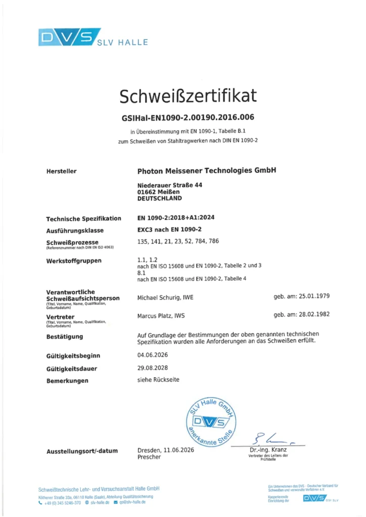 Certificate for the welding of steel structures according to DIN EN 1090-2