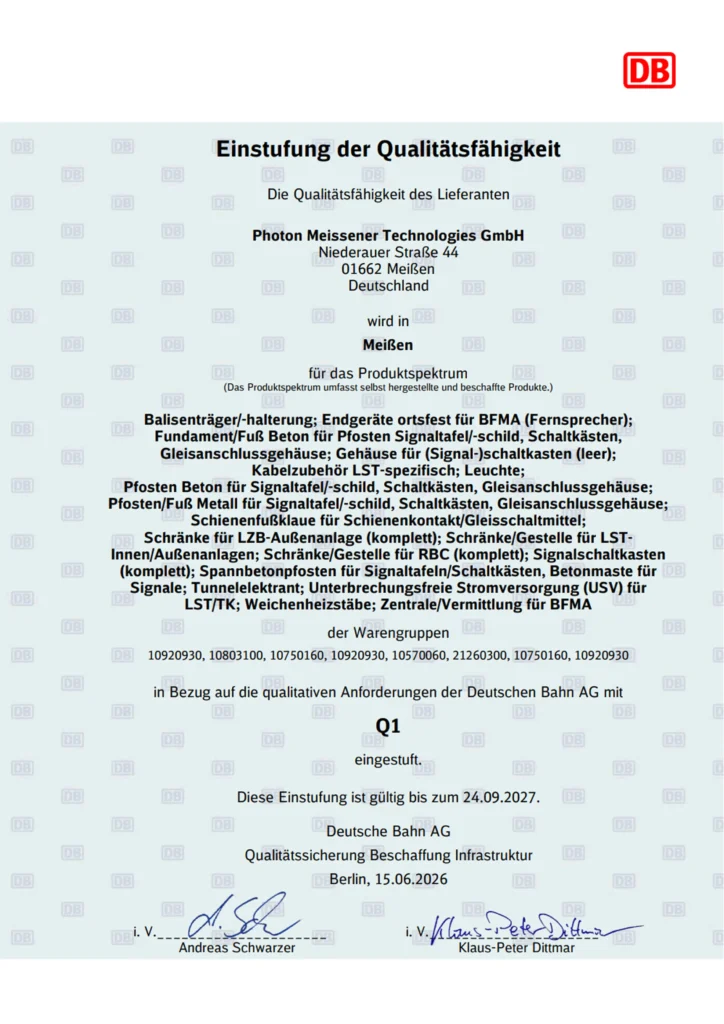 Certificate of Classification of Photon Meissener Technologies GmbH as a Q1 Supplier for Deutsche Bahn